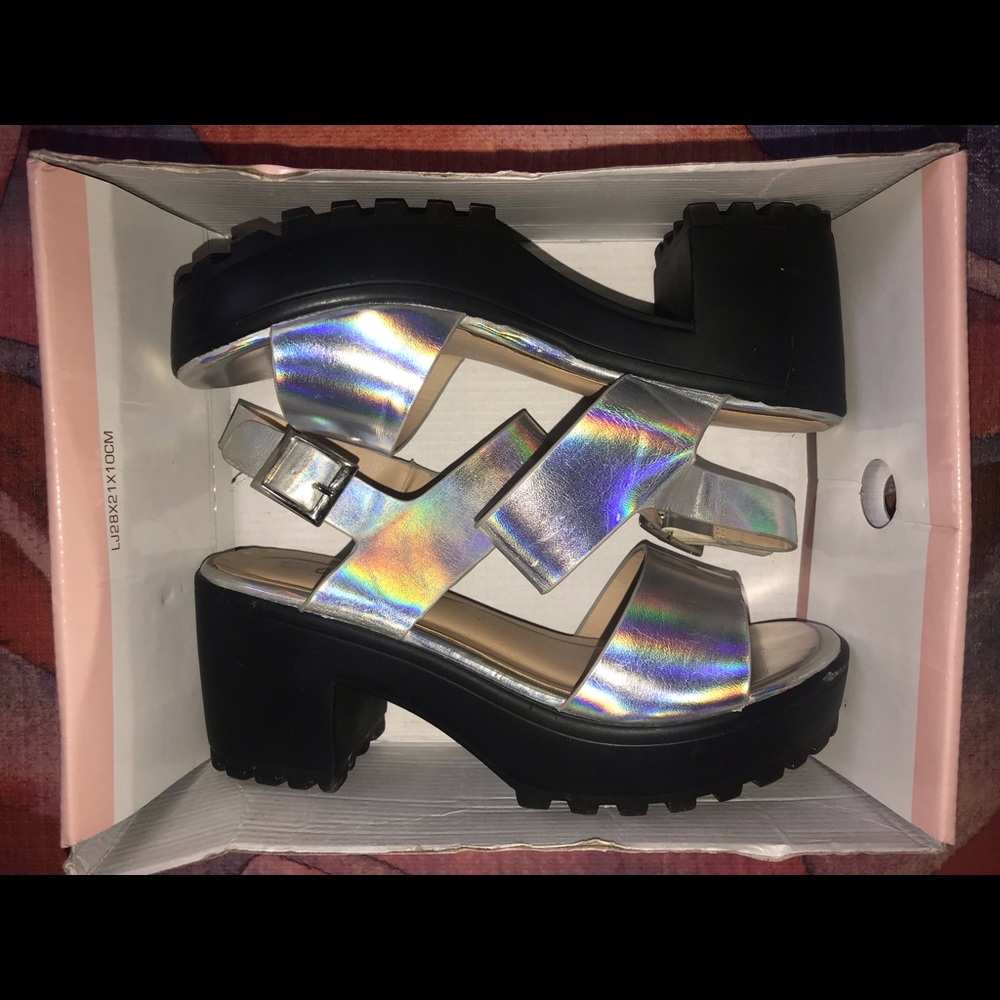 Holographic Chunky Heeled Sandals